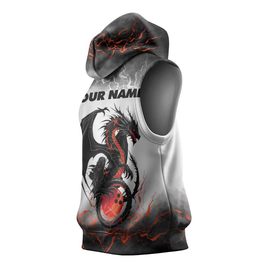 Custom Black Dragon Bowling Sleeveless Hoodie with Fiery Ball and Thunderstorm Lightning Pattern - Wonder Print Shop