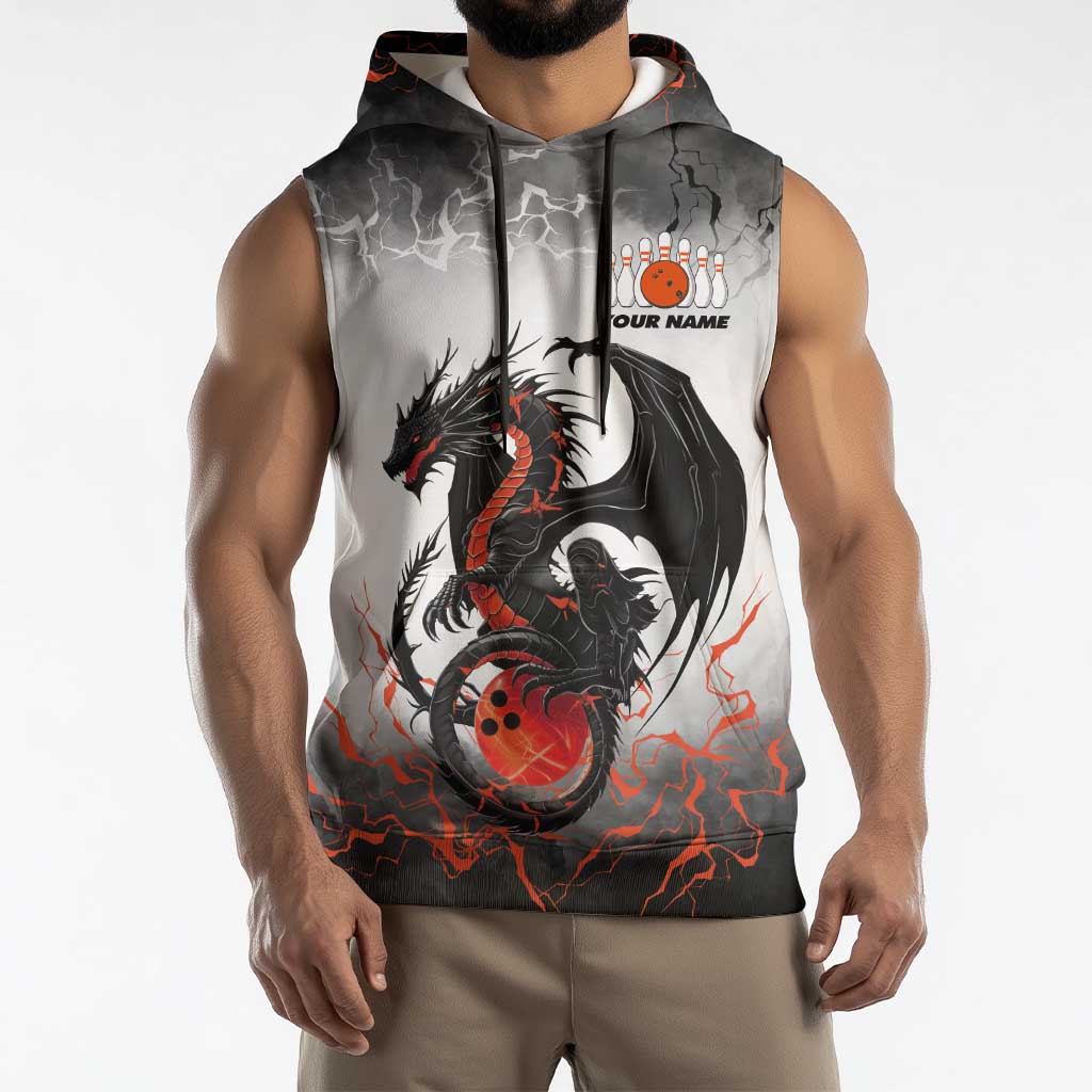 Custom Black Dragon Bowling Sleeveless Hoodie with Fiery Ball and Thunderstorm Lightning Pattern - Wonder Print Shop