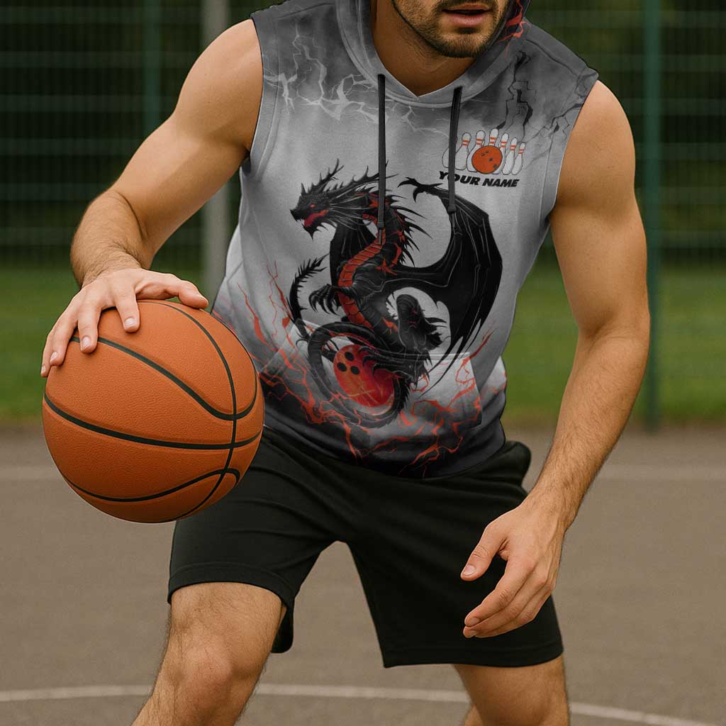 Custom Black Dragon Bowling Sleeveless Hoodie with Fiery Ball and Thunderstorm Lightning Pattern - Wonder Print Shop