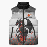 Custom Black Dragon Bowling Sleeveless Puffer Jacket with Fiery Ball and Thunderstorm Lightning Pattern - Wonder Print Shop