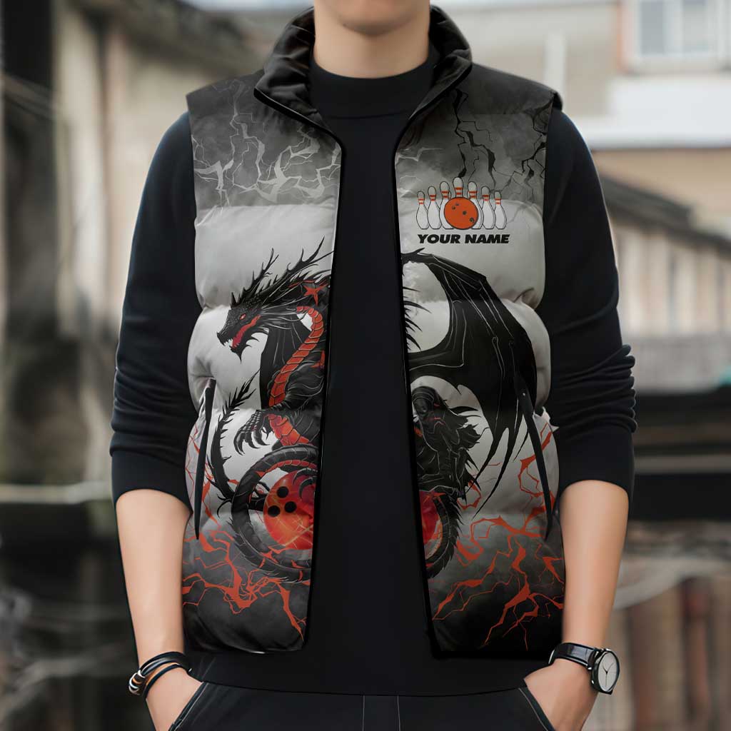 Custom Black Dragon Bowling Sleeveless Puffer Jacket with Fiery Ball and Thunderstorm Lightning Pattern - Wonder Print Shop