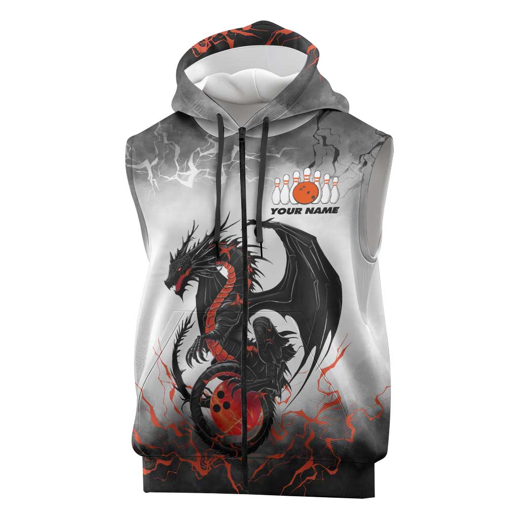 Custom Black Dragon Bowling Sleeveless Zip Hoodie with Fiery Ball and Thunderstorm Lightning Pattern - Wonder Print Shop