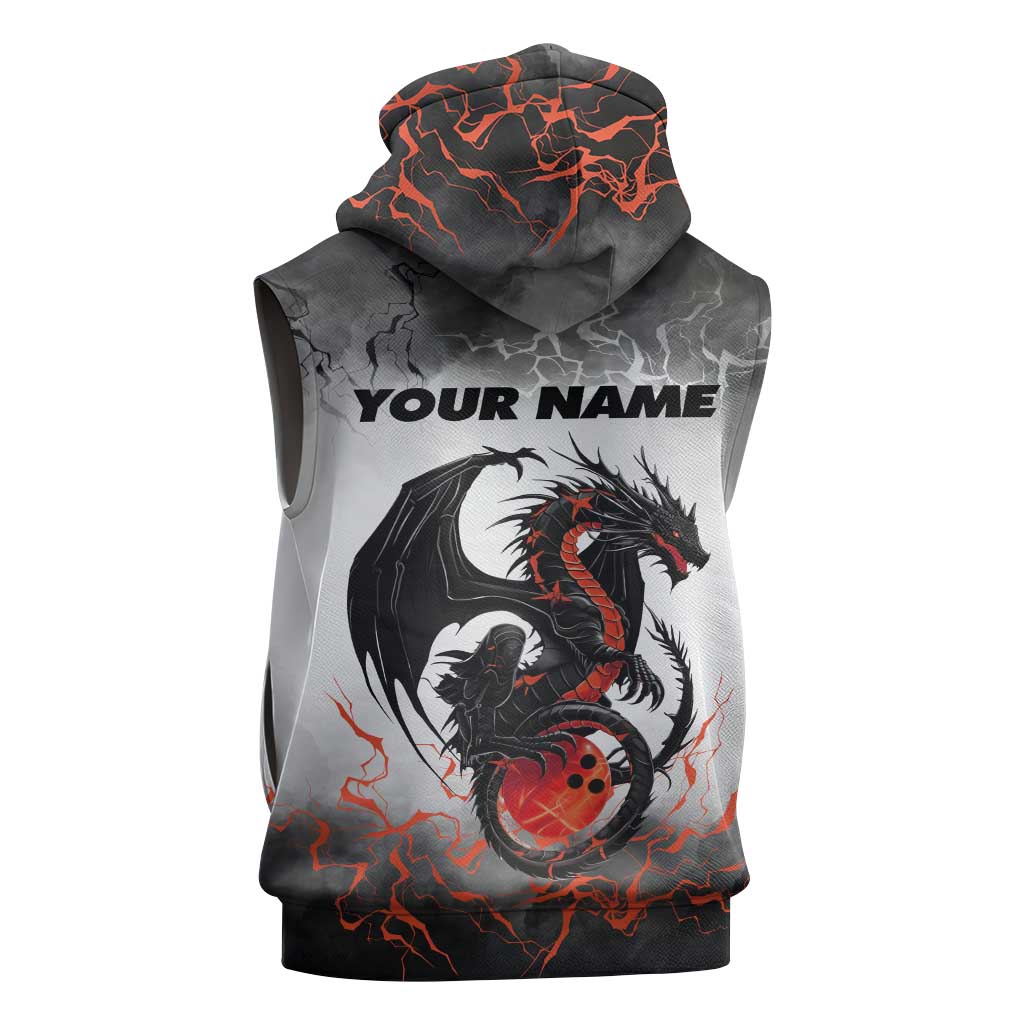 Custom Black Dragon Bowling Sleeveless Zip Hoodie with Fiery Ball and Thunderstorm Lightning Pattern - Wonder Print Shop