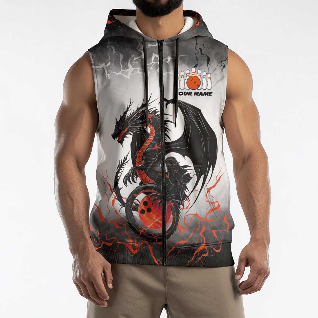 Custom Black Dragon Bowling Sleeveless Zip Hoodie with Fiery Ball and Thunderstorm Lightning Pattern - Wonder Print Shop