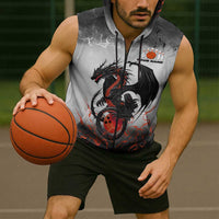 Custom Black Dragon Bowling Sleeveless Zip Hoodie with Fiery Ball and Thunderstorm Lightning Pattern - Wonder Print Shop
