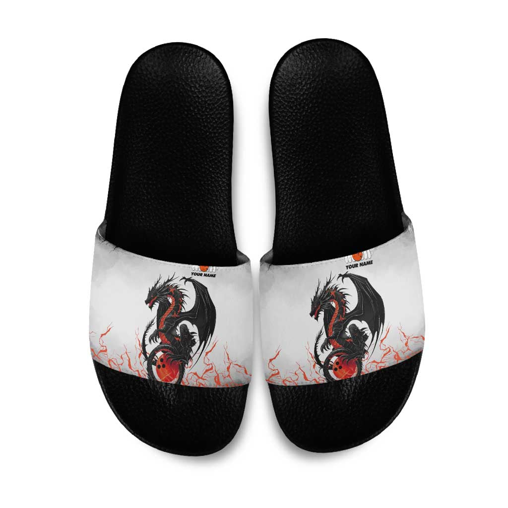 Custom Black Dragon Bowling Slide Sandals with Fiery Ball and Thunderstorm Lightning Pattern - Wonder Print Shop