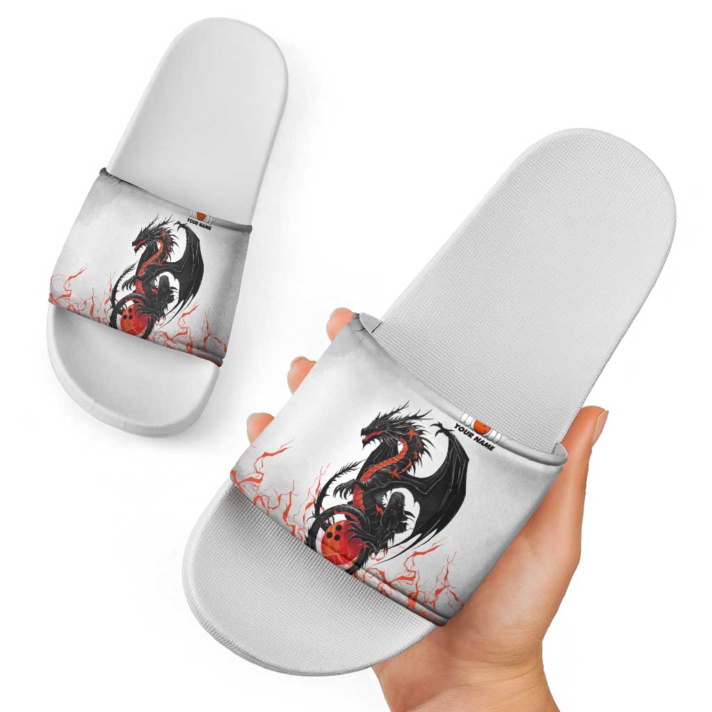 Custom Black Dragon Bowling Slide Sandals with Fiery Ball and Thunderstorm Lightning Pattern - Wonder Print Shop