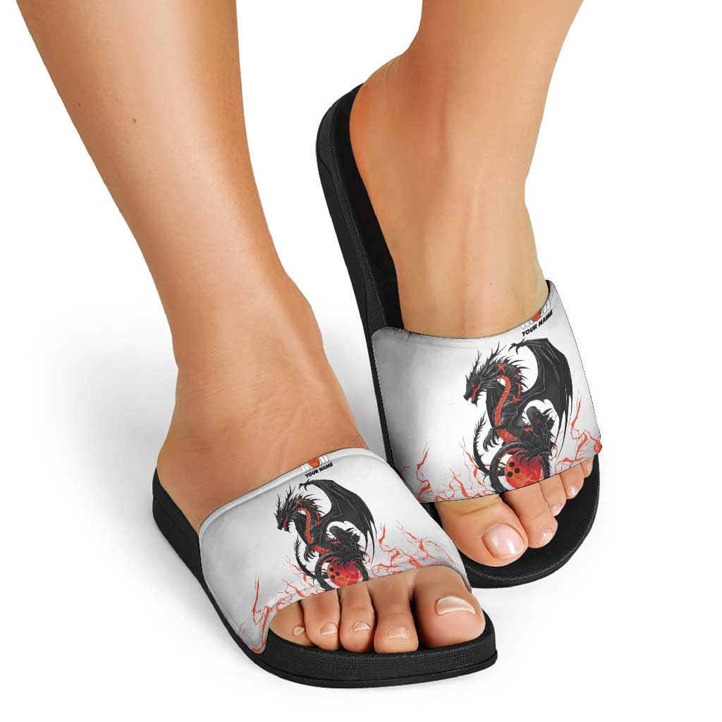 Custom Black Dragon Bowling Slide Sandals with Fiery Ball and Thunderstorm Lightning Pattern - Wonder Print Shop