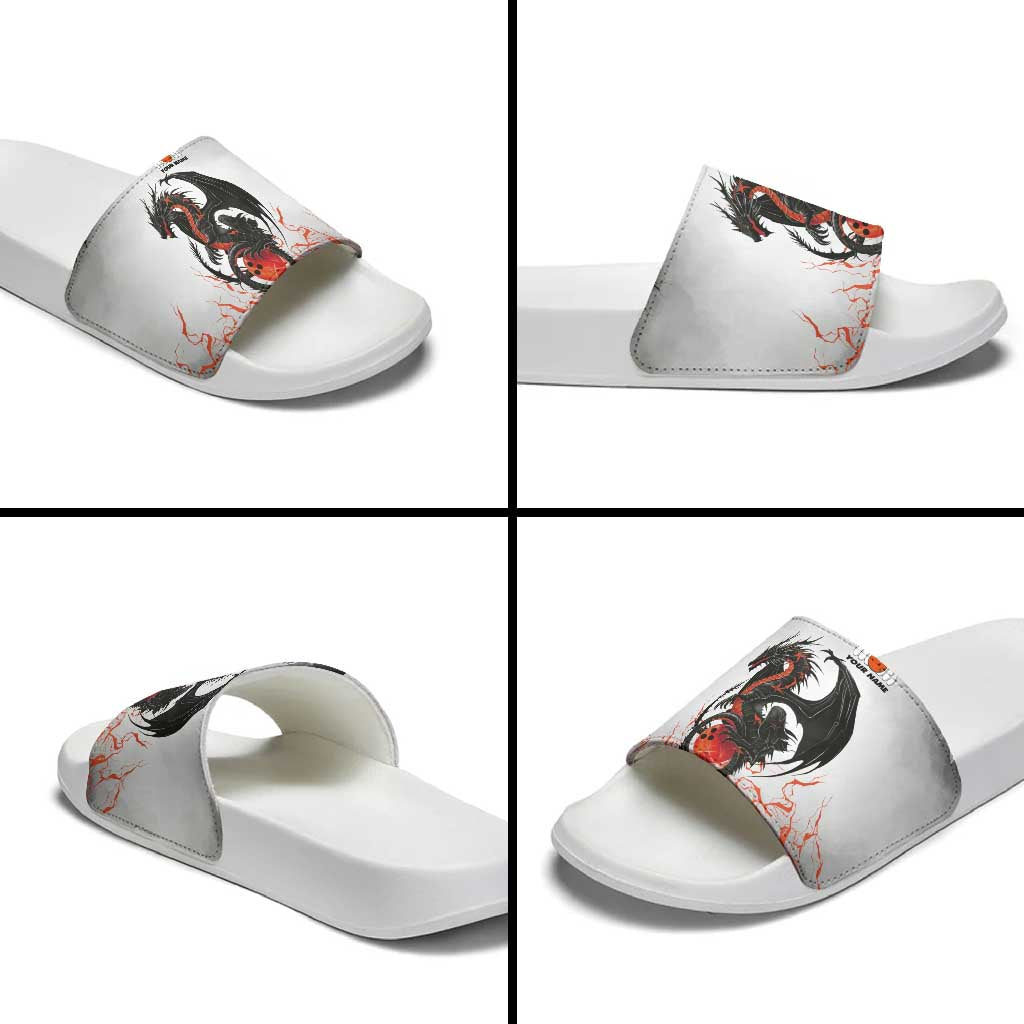Custom Black Dragon Bowling Slide Sandals with Fiery Ball and Thunderstorm Lightning Pattern - Wonder Print Shop