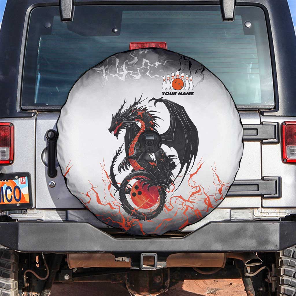 Custom Black Dragon Bowling Spare Tire Cover with Fiery Ball and Thunderstorm Lightning Pattern - Wonder Print Shop