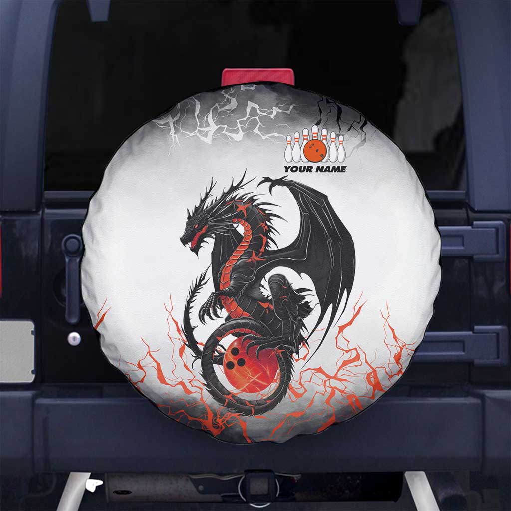 Custom Black Dragon Bowling Spare Tire Cover with Fiery Ball and Thunderstorm Lightning Pattern - Wonder Print Shop