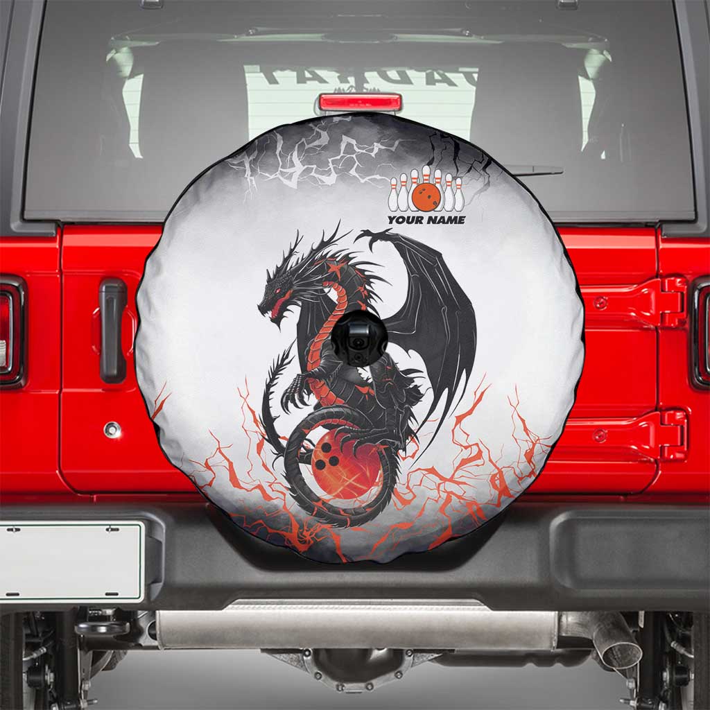 Custom Black Dragon Bowling Spare Tire Cover with Fiery Ball and Thunderstorm Lightning Pattern - Wonder Print Shop