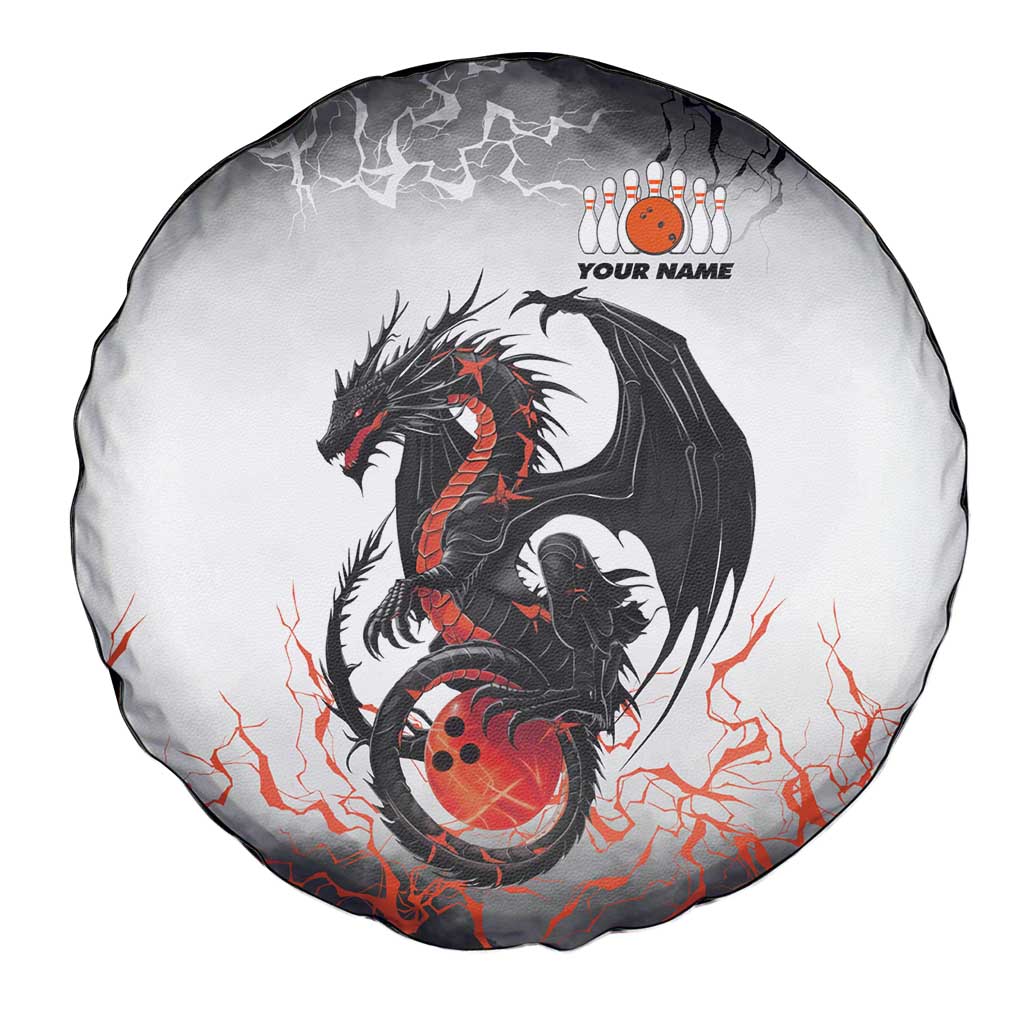 Custom Black Dragon Bowling Spare Tire Cover with Fiery Ball and Thunderstorm Lightning Pattern - Wonder Print Shop