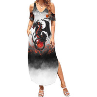 Custom Black Dragon Bowling Summer Maxi Dress with Fiery Ball and Thunderstorm Lightning Pattern - Wonder Print Shop