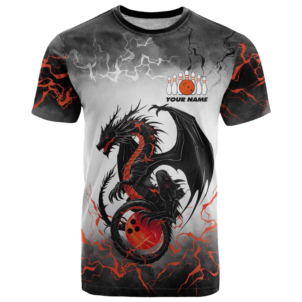 Custom Black Dragon Bowling T Shirt with Fiery Ball and Thunderstorm Lightning Pattern - Wonder Print Shop