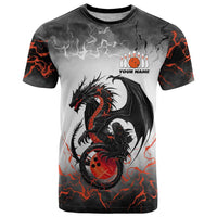 Custom Black Dragon Bowling T Shirt with Fiery Ball and Thunderstorm Lightning Pattern - Wonder Print Shop
