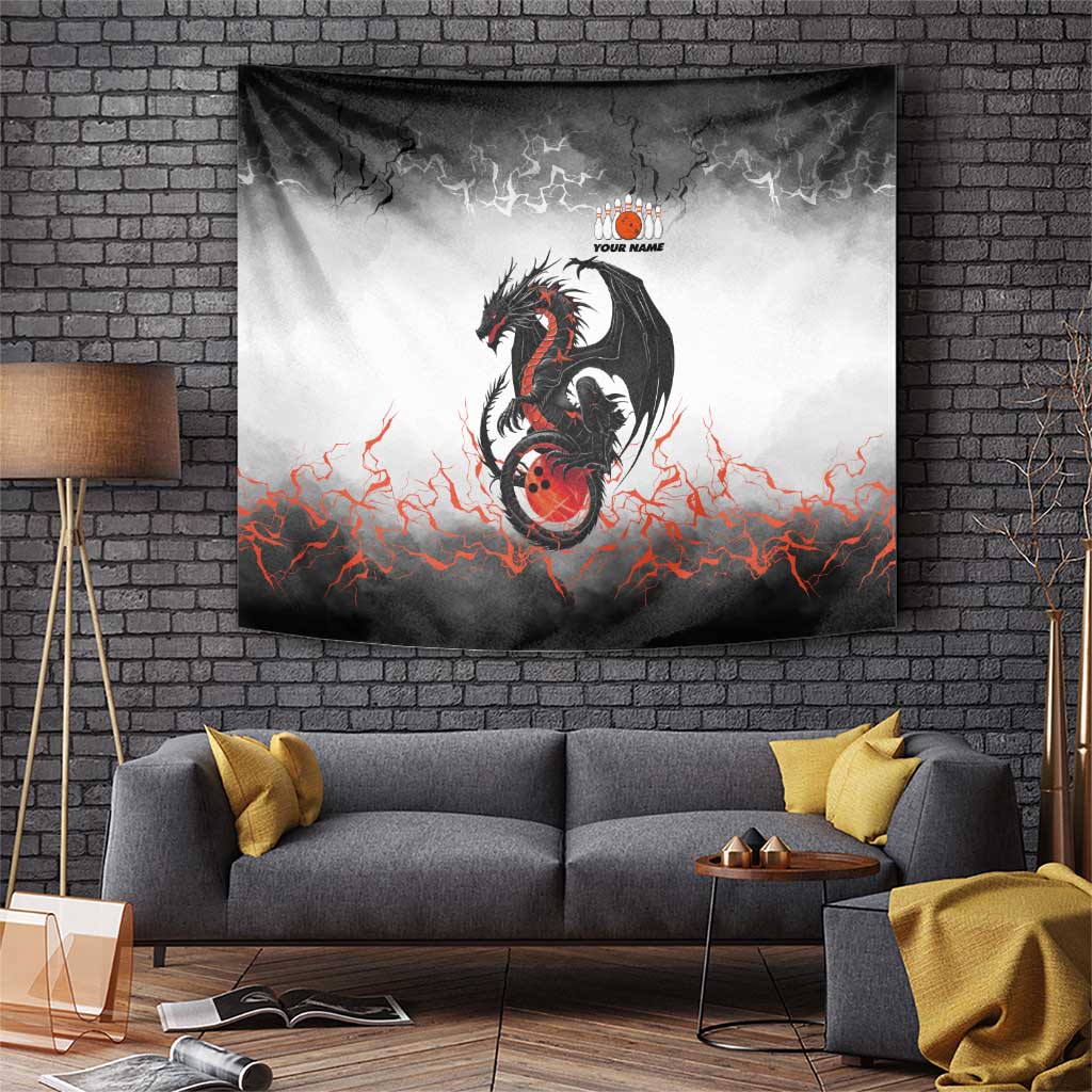 Custom Black Dragon Bowling Tapestry with Fiery Ball and Thunderstorm Lightning Pattern - Wonder Print Shop