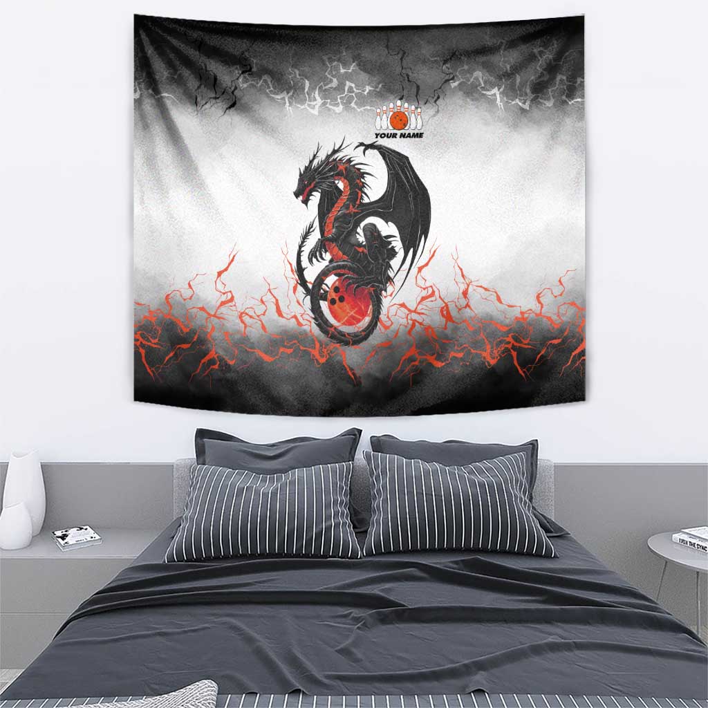 Custom Black Dragon Bowling Tapestry with Fiery Ball and Thunderstorm Lightning Pattern - Wonder Print Shop