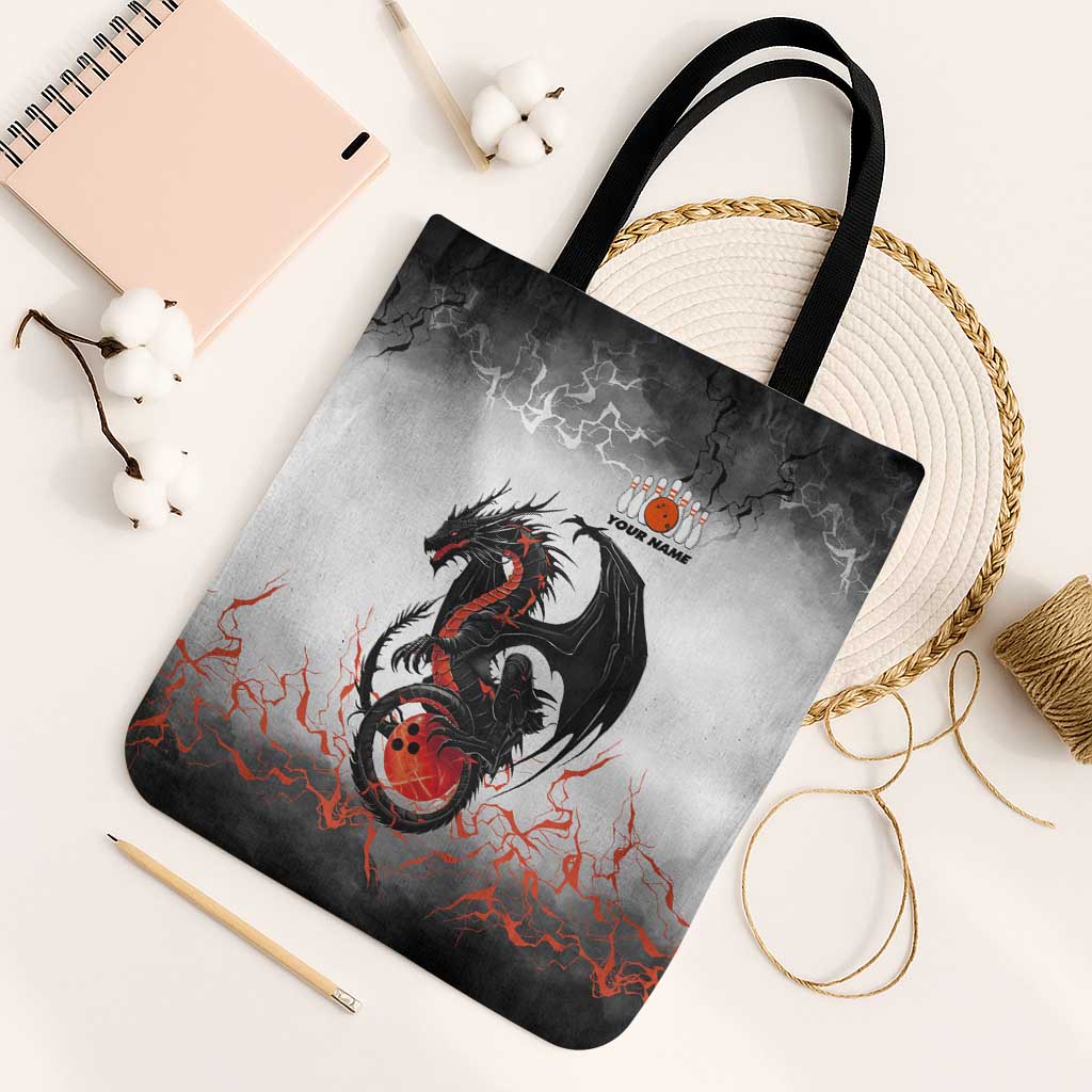 Custom Black Dragon Bowling Tote Bag with Fiery Ball and Thunderstorm Lightning Pattern - Wonder Print Shop