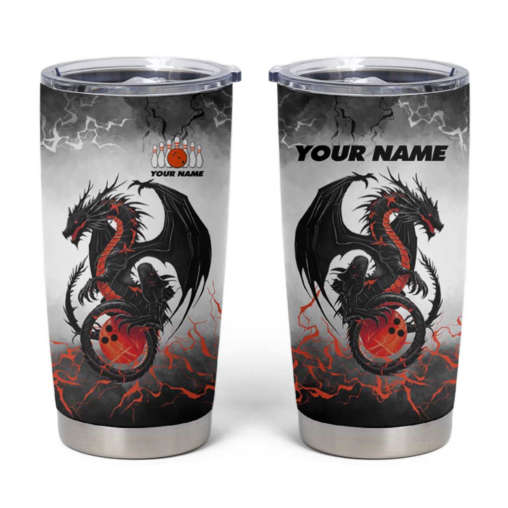 Custom Black Dragon Bowling Tumbler Cup with Fiery Ball and Thunderstorm Lightning Pattern - Wonder Print Shop