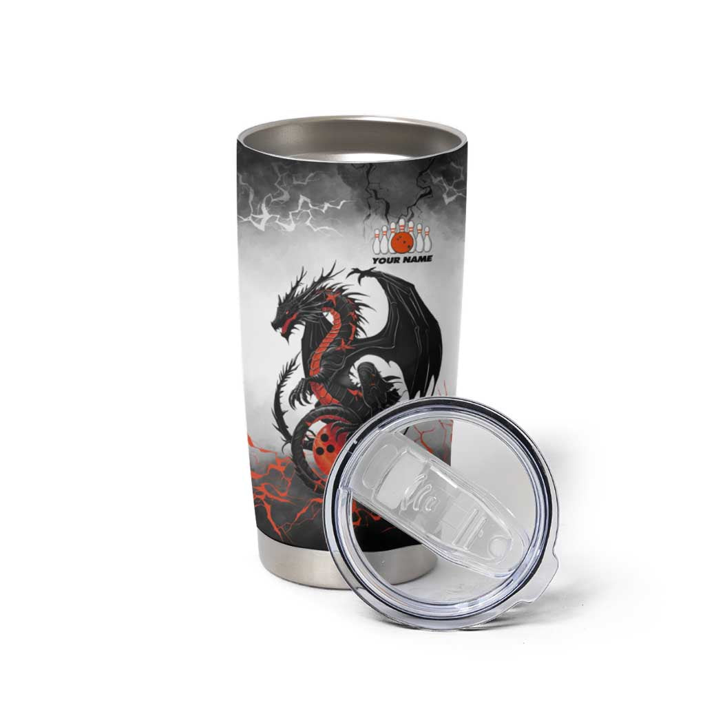 Custom Black Dragon Bowling Tumbler Cup with Fiery Ball and Thunderstorm Lightning Pattern - Wonder Print Shop