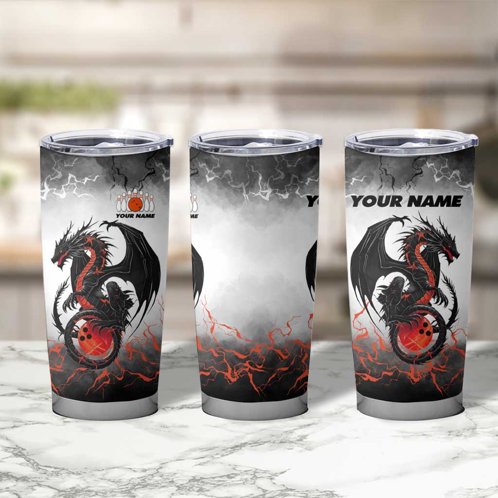 Custom Black Dragon Bowling Tumbler Cup with Fiery Ball and Thunderstorm Lightning Pattern - Wonder Print Shop