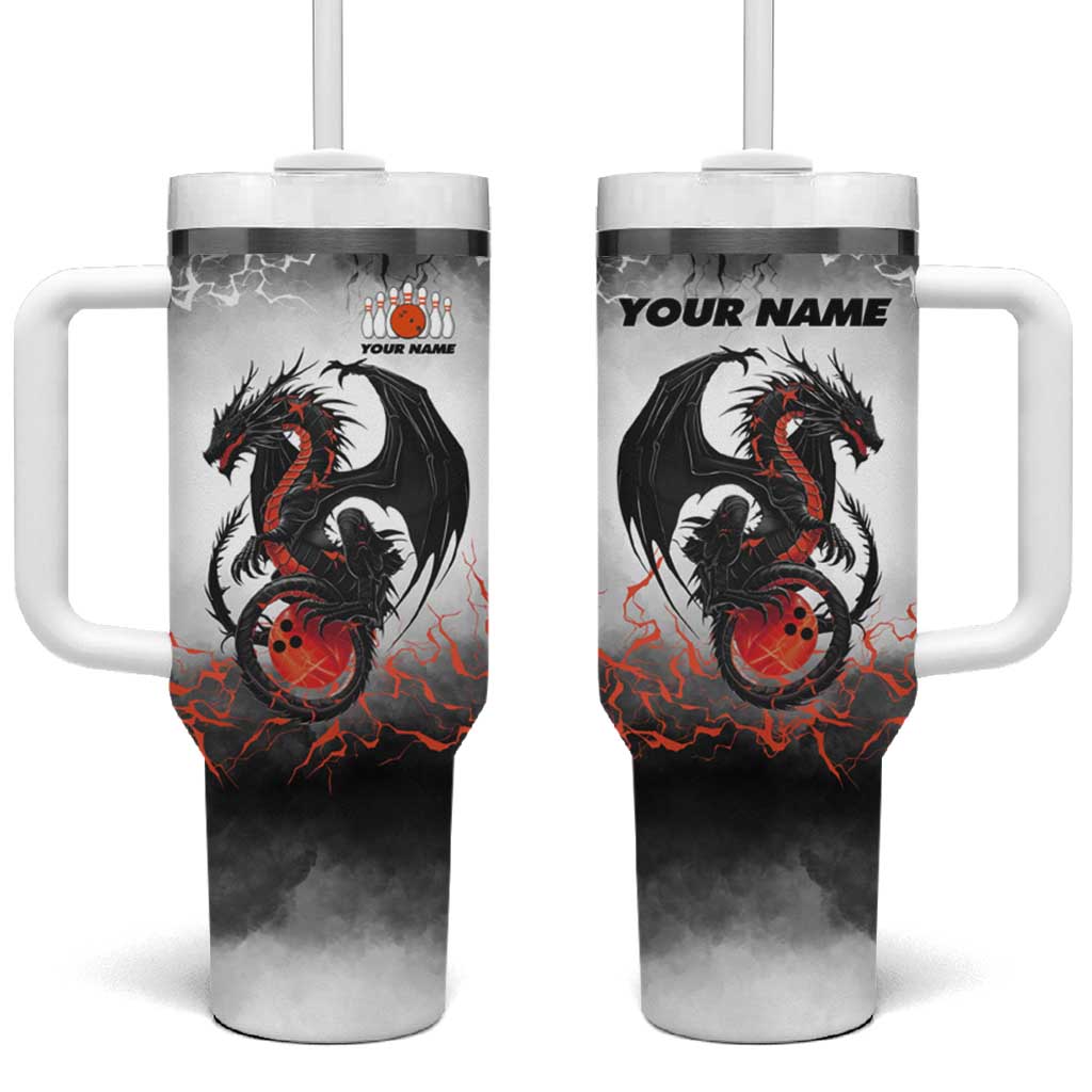 Custom Black Dragon Bowling Tumbler With Handle with Fiery Ball and Thunderstorm Lightning Pattern - Wonder Print Shop
