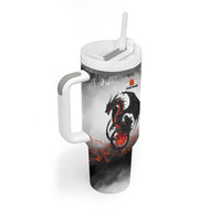Custom Black Dragon Bowling Tumbler With Handle with Fiery Ball and Thunderstorm Lightning Pattern - Wonder Print Shop