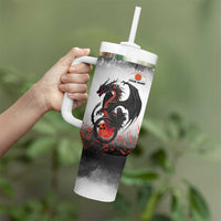 Custom Black Dragon Bowling Tumbler With Handle with Fiery Ball and Thunderstorm Lightning Pattern - Wonder Print Shop