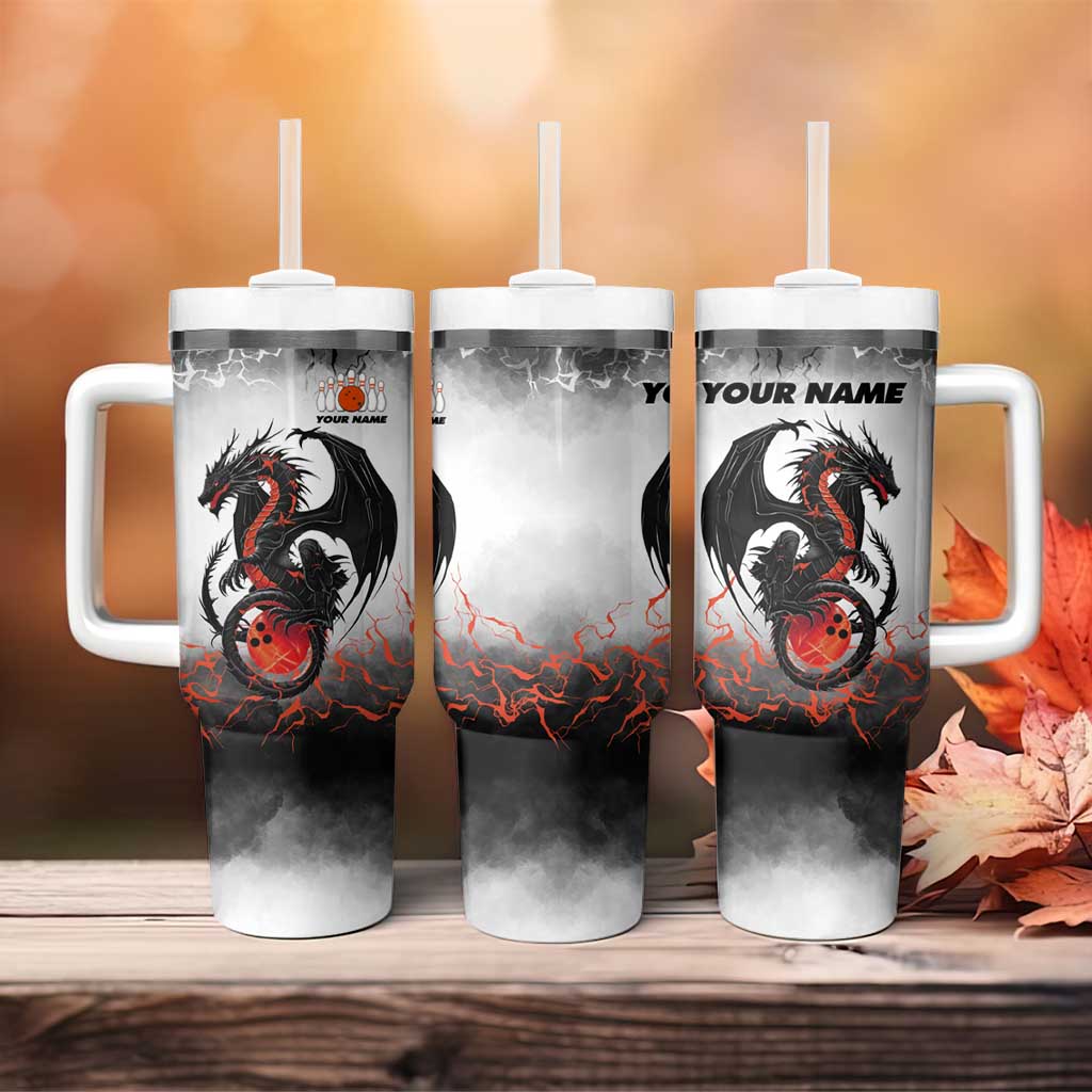 Custom Black Dragon Bowling Tumbler With Handle with Fiery Ball and Thunderstorm Lightning Pattern - Wonder Print Shop