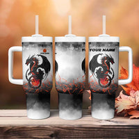 Custom Black Dragon Bowling Tumbler With Handle with Fiery Ball and Thunderstorm Lightning Pattern - Wonder Print Shop