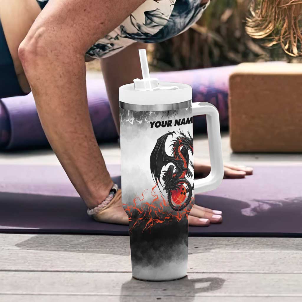 Custom Black Dragon Bowling Tumbler With Handle with Fiery Ball and Thunderstorm Lightning Pattern - Wonder Print Shop
