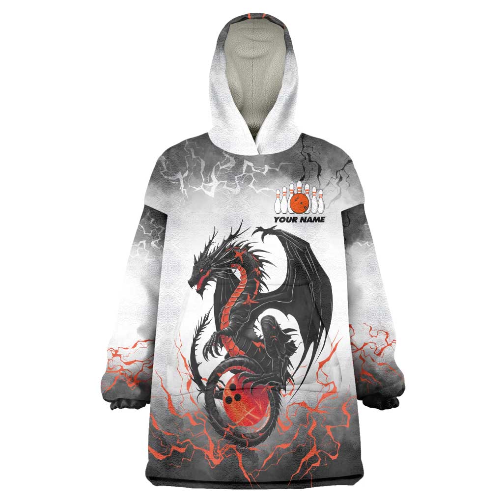 Custom Black Dragon Bowling Wearable Blanket Hoodie with Fiery Ball and Thunderstorm Lightning Pattern - Wonder Print Shop
