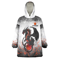 Custom Black Dragon Bowling Wearable Blanket Hoodie with Fiery Ball and Thunderstorm Lightning Pattern - Wonder Print Shop