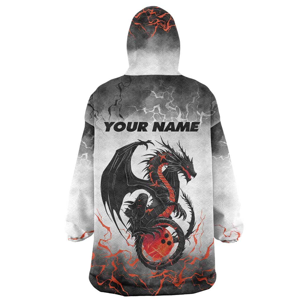 Custom Black Dragon Bowling Wearable Blanket Hoodie with Fiery Ball and Thunderstorm Lightning Pattern - Wonder Print Shop
