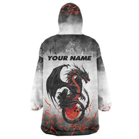 Custom Black Dragon Bowling Wearable Blanket Hoodie with Fiery Ball and Thunderstorm Lightning Pattern - Wonder Print Shop