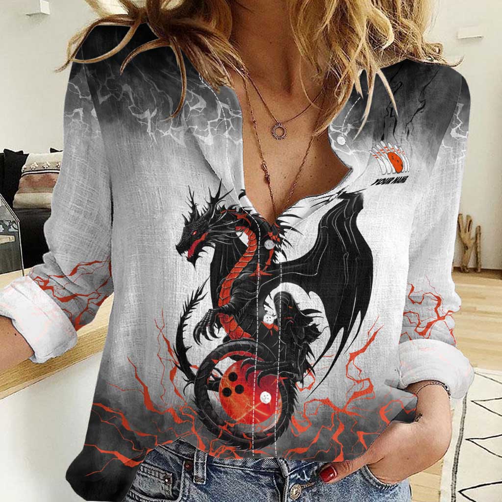 Custom Black Dragon Bowling Women Casual Shirt with Fiery Ball and Thunderstorm Lightning Pattern - Wonder Print Shop