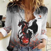 Custom Black Dragon Bowling Women Casual Shirt with Fiery Ball and Thunderstorm Lightning Pattern - Wonder Print Shop