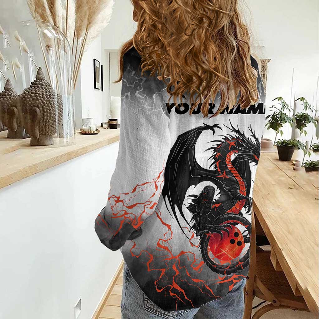 Custom Black Dragon Bowling Women Casual Shirt with Fiery Ball and Thunderstorm Lightning Pattern - Wonder Print Shop