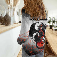Custom Black Dragon Bowling Women Casual Shirt with Fiery Ball and Thunderstorm Lightning Pattern - Wonder Print Shop