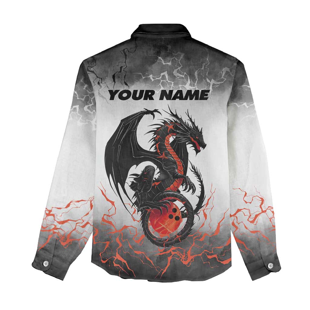 Custom Black Dragon Bowling Women Casual Shirt with Fiery Ball and Thunderstorm Lightning Pattern - Wonder Print Shop