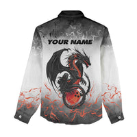 Custom Black Dragon Bowling Women Casual Shirt with Fiery Ball and Thunderstorm Lightning Pattern - Wonder Print Shop