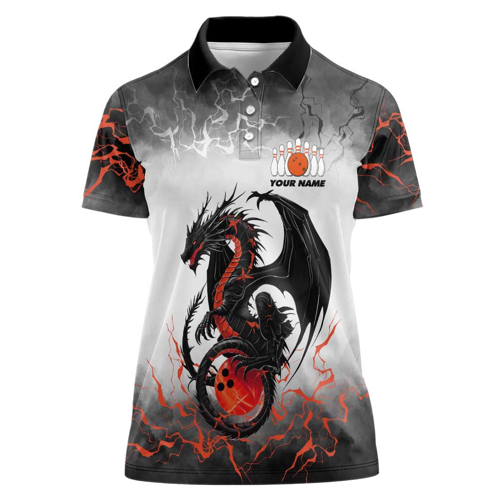 Custom Black Dragon Bowling Women Polo Shirt with Fiery Ball and Thunderstorm Lightning Pattern - Wonder Print Shop