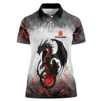 Custom Black Dragon Bowling Women Polo Shirt with Fiery Ball and Thunderstorm Lightning Pattern - Wonder Print Shop