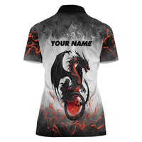 Custom Black Dragon Bowling Women Polo Shirt with Fiery Ball and Thunderstorm Lightning Pattern - Wonder Print Shop