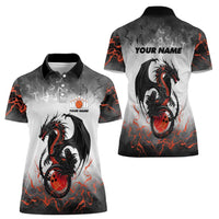 Custom Black Dragon Bowling Women Polo Shirt with Fiery Ball and Thunderstorm Lightning Pattern - Wonder Print Shop
