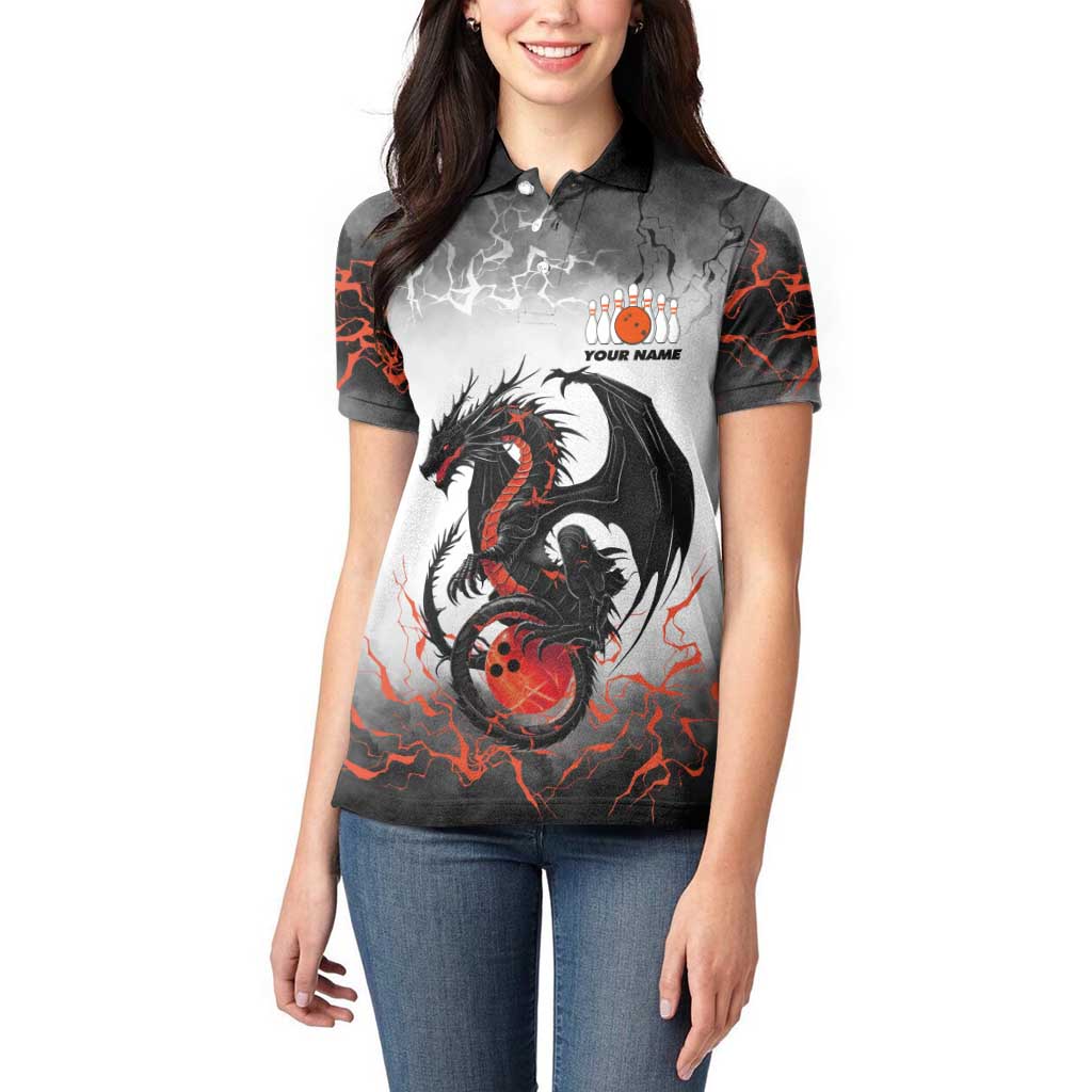 Custom Black Dragon Bowling Women Polo Shirt with Fiery Ball and Thunderstorm Lightning Pattern - Wonder Print Shop