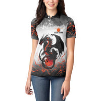 Custom Black Dragon Bowling Women Polo Shirt with Fiery Ball and Thunderstorm Lightning Pattern - Wonder Print Shop