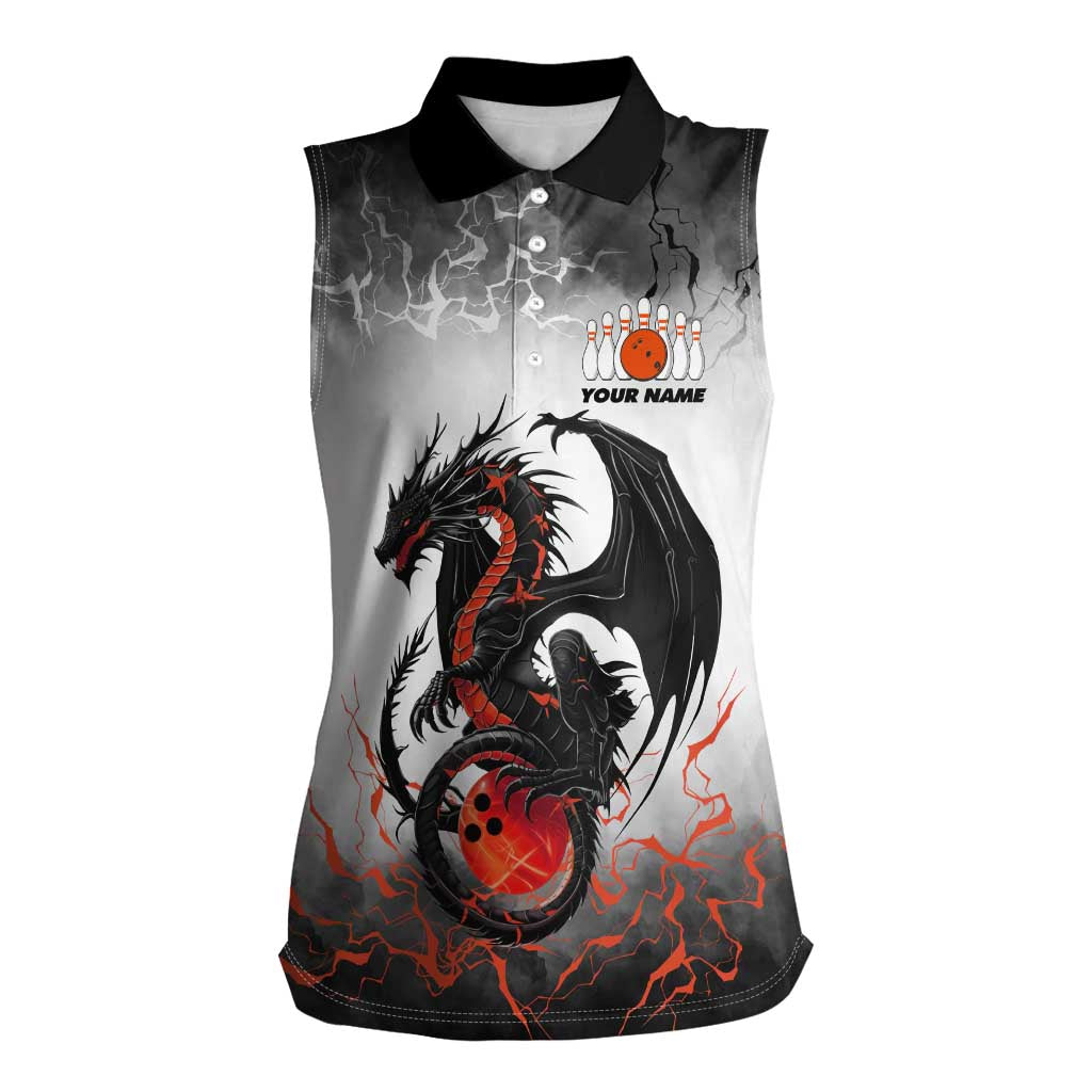 Custom Black Dragon Bowling Women Sleeveless Polo Shirt with Fiery Ball and Thunderstorm Lightning Pattern - Wonder Print Shop