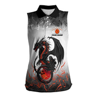 Custom Black Dragon Bowling Women Sleeveless Polo Shirt with Fiery Ball and Thunderstorm Lightning Pattern - Wonder Print Shop
